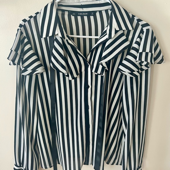 Zara Black and White Striped Ruffle Shirt - Picture 2 of 5